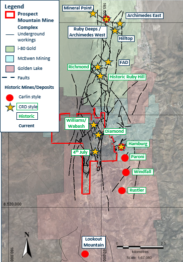 A map of the Historic Mines and Current Deposits of the Eureka Mining Camp, Nevada, USA.